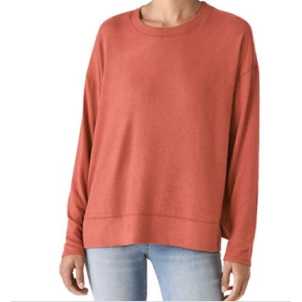 Lucky Sweatshirt Womens Large Orange Cozy Crewneck Side Slits Loungewear Boho
